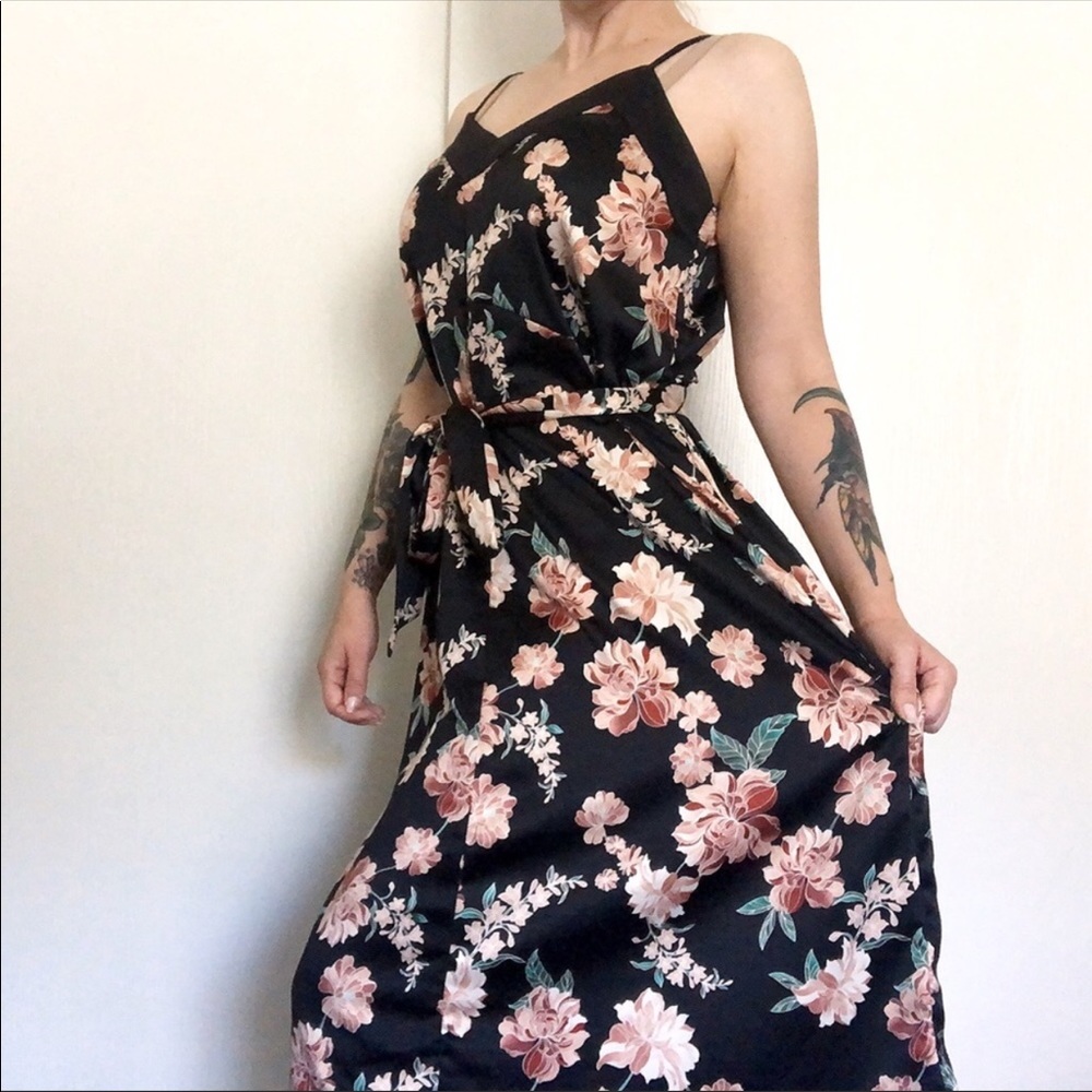 Black Satin Floral Dress